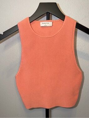 Babaton ARITZIA Coral Pink Orange Ribbed Cropped Tank Top Scoop Neck Sleeveless